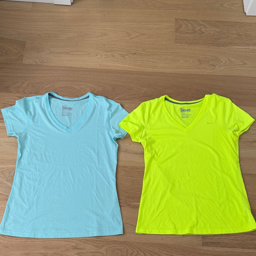 Nike Women’s Dri-Fit Short Sleeve V‑Neck Tees in Light Blue and Neon Yellow